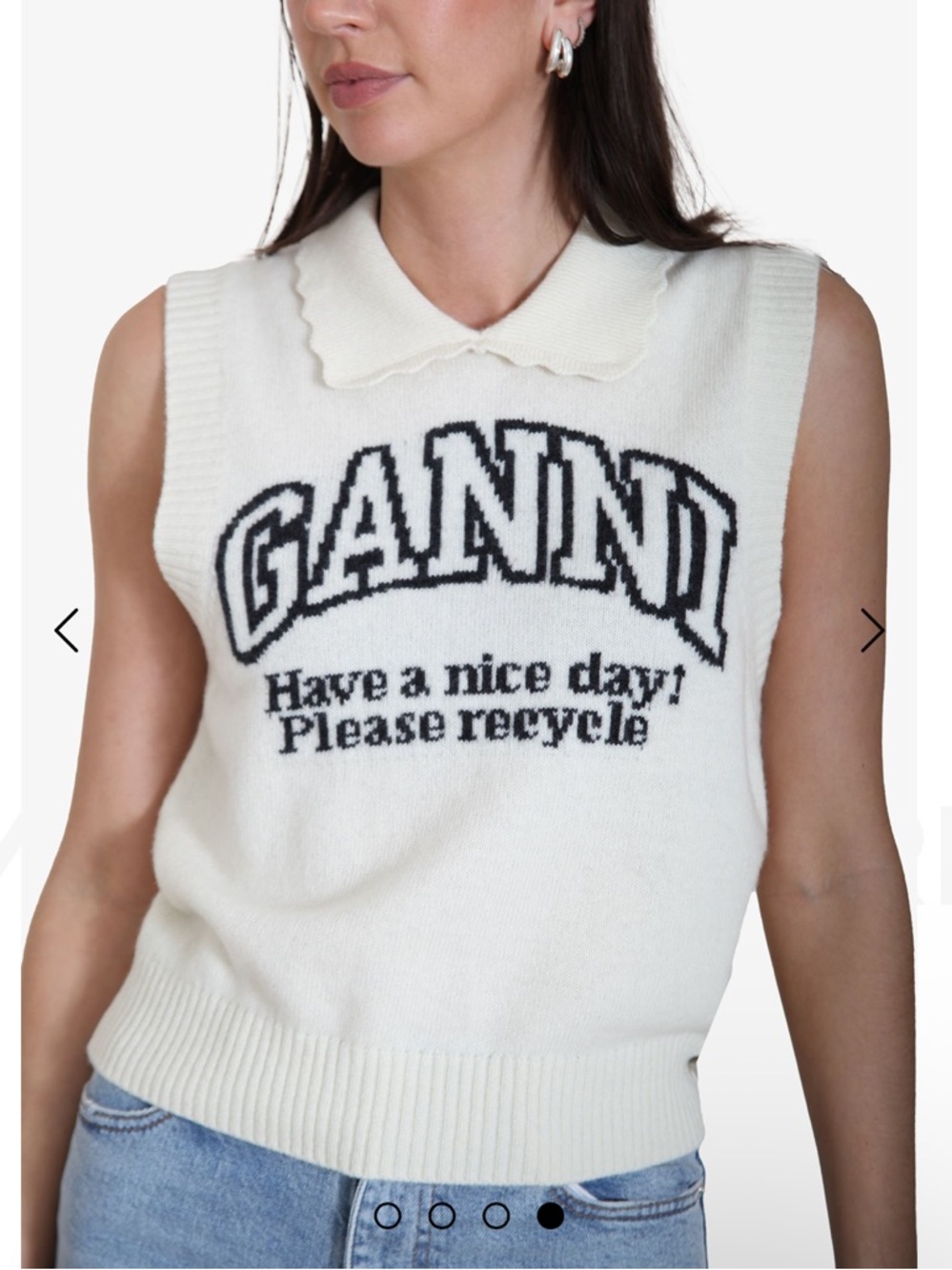 Ganni Cream Knit Logo Sleeveless Polo Vest with Black Lettering
